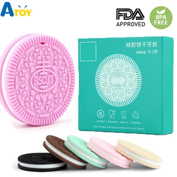 

Round Teething Toys Baby Teether Silicone Teething Beads Chewing Cookie Teether with Box Infant Teething Toys Molar Oral Care