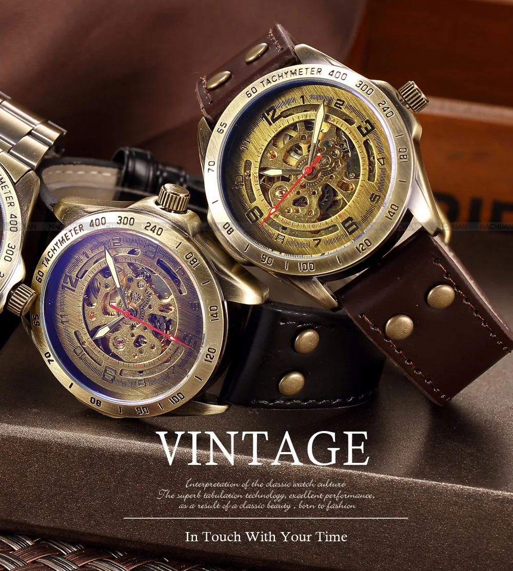 Антикварные автоматические часы, механические часы с скелетом, мужские бронзовые стимпанк Ретро кожаные аналоговые наручные часы, мужские винтажные часы