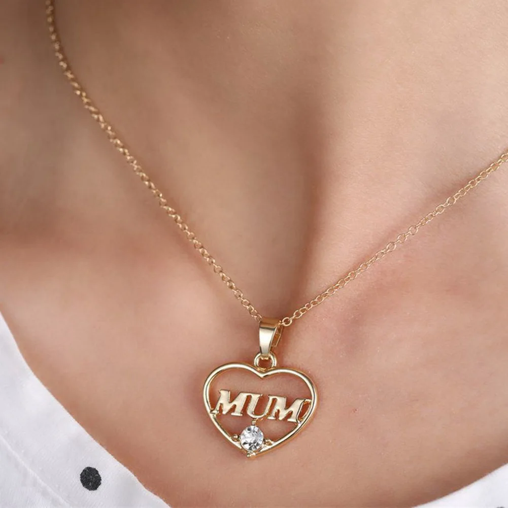 

Fashion 2 Colors Mother's Day Love Gift Mom Letter Heart Rhinestone Pendent Necklace Personalized Jewelry