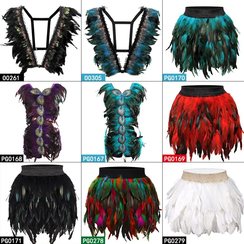 

Feather Body Harness Bra and Feathers Skirt Fashion Sexy Cage Bondage Lingerie Punk Gothic Dance Festival Rave Wear for Women