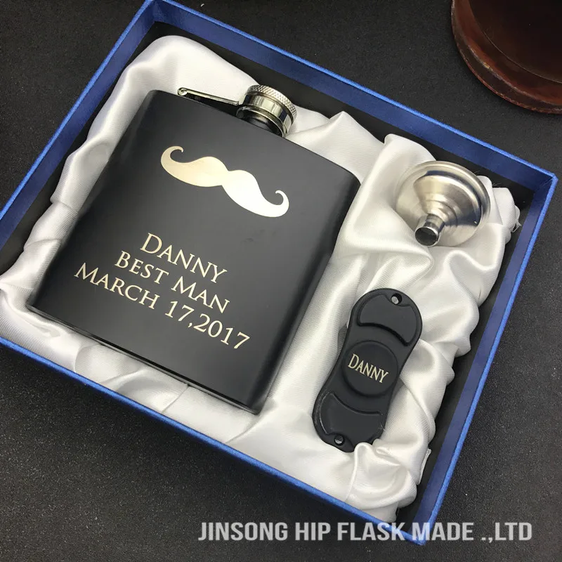 

new style Personalized wedding gift for best man /Groomsman / gifts of 6OZ black hip flask with Fidget Spinner funnel set