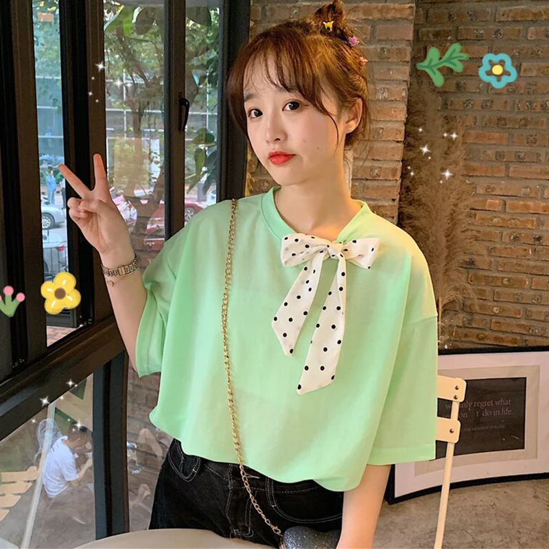 Camisetas Verano Mujer новая Корейская свободная Милая футболка Kawaii Harajuku с короткими рукавами и круглым вырезом Женская Однотонная футболка со шнуровкой и бантом