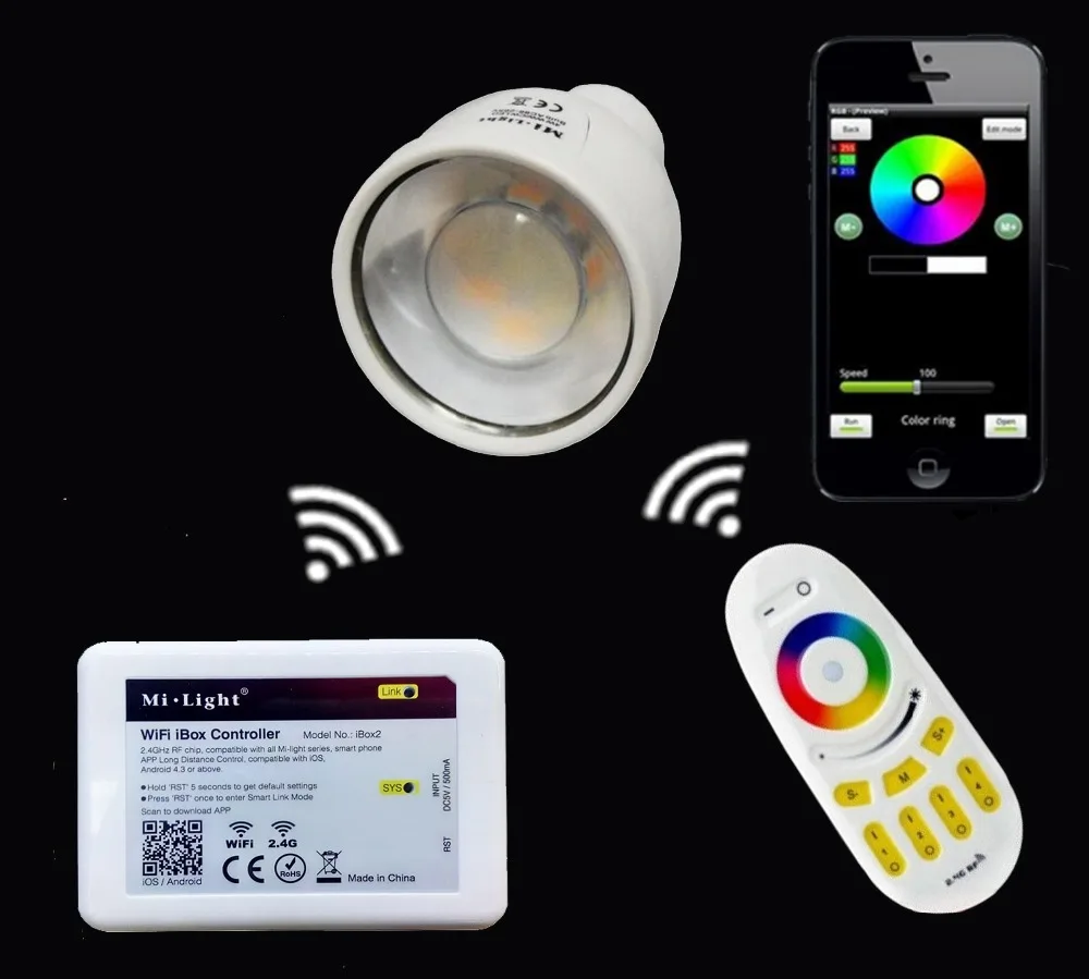 

Mi.light RF RGBW 4-Zone Touch Panel Remote Led Controller+2.4G GU10 5W RGBW RGBWW Led Bulb Lamp+Wifi Ibox Led Controller