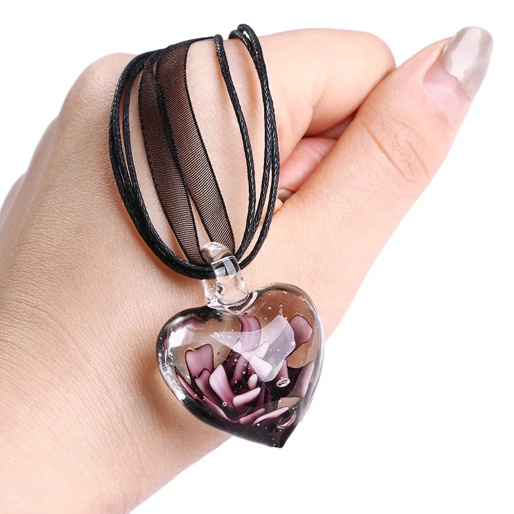 

Fashion Jewelry Murano Glass Heart Pendant Handmade Pink Dried Flower Necklace Necklaces for women New Design