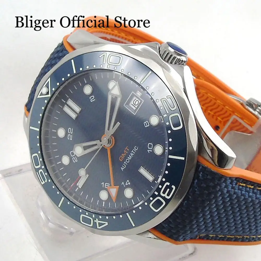 US $85.40 BLIGER Brand Mens Watch With Automatic GMT Movement Date Window Sapphire Glass