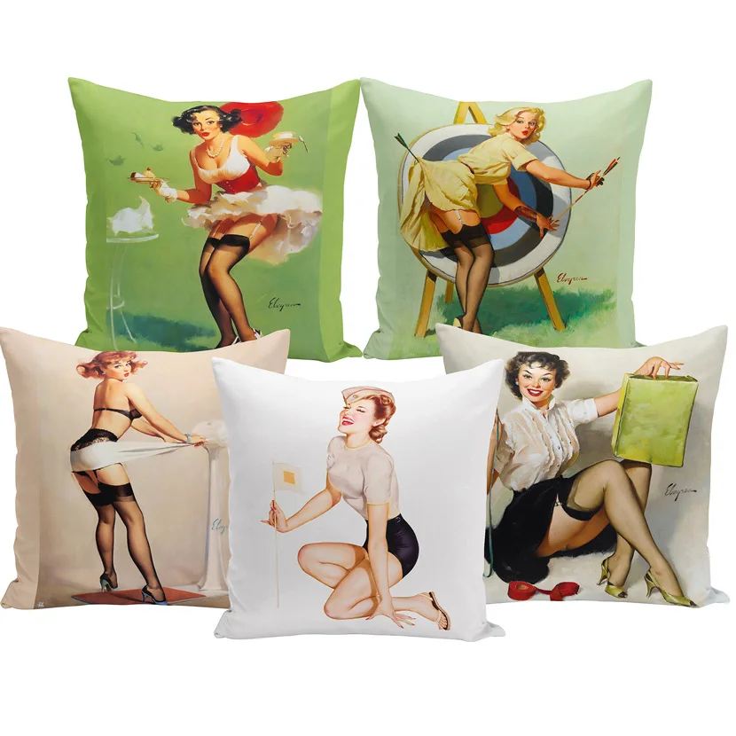 

Oil Patinting Sexy Lady Pinup Girl Poster Print Cushion Cover Modern Home Decorative Lint Pillow case Vintage Car Pillowslip