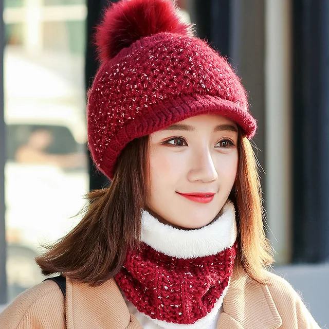 Female Winter Hats and Scarf for Women Hat Scarf Set Wool Knitted Cap