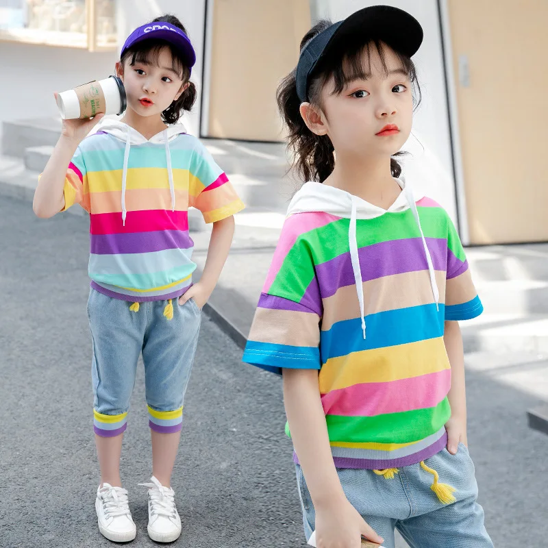 

Girls Clothes Summer Girls Clothes Boutique Kids Outfits Toddler Children Rainbow Hooded T-shirt + Capri Pants 3 to 13 Years