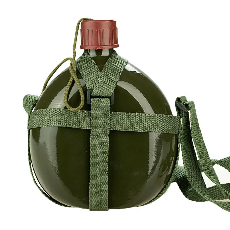 

2L Capacity Military Canteen Water Bottle Shoulder Strap Tactical Thickened Circular Aluminum Camping Travel Survival Kits Hold
