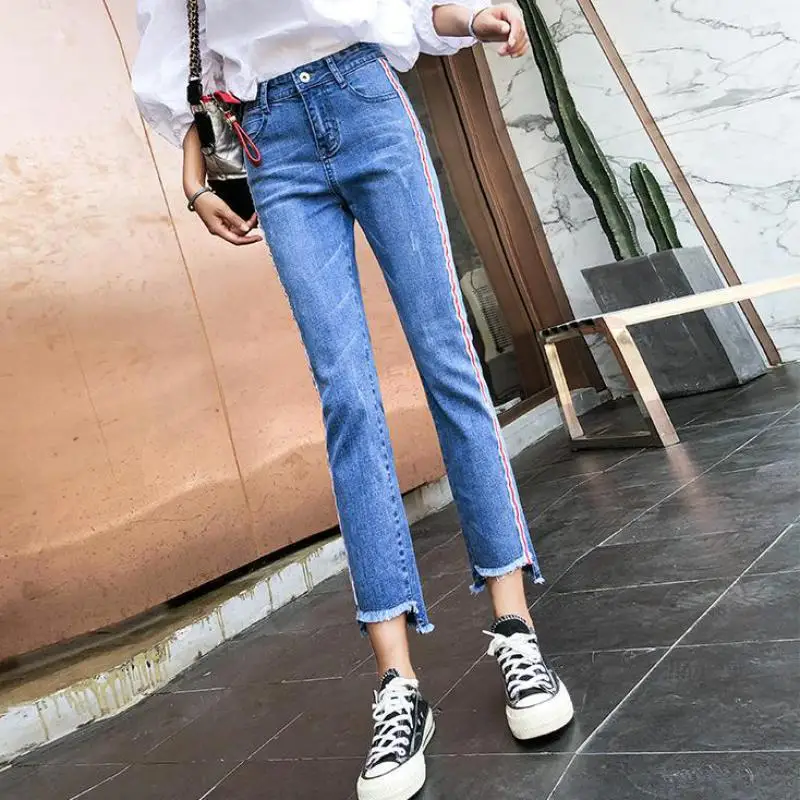 Straight Jeans Pants Women 2019 Summer Striped Femme Pantalon Plus Size 32 Stretch Mom Jeans Femme Retro Jeans Mid Waist