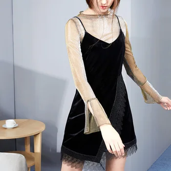 

New Spring 2018 Women's High Fashion Long Sleeve O-Neck T Shirt Tank Dress 2 Piece Sets Female Casual Lace Patchwork Brand Set