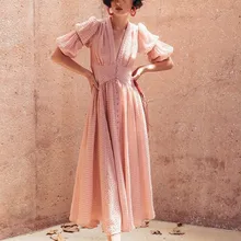 Elegant Women Pink V Neck Lantern Sleeve Long Dress Casual Button Short Sleeve A Line Maxi Dress Vintage Solid Ruffles Dress casual v neck long lantern sleeve women s green dress