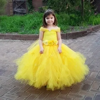 

Belle Princess Tutu Dress Girls Tulle Party Wedding Flower Girl Dresses Yellow Kids Halloween Beauty Beast Cosplay Dress Costume