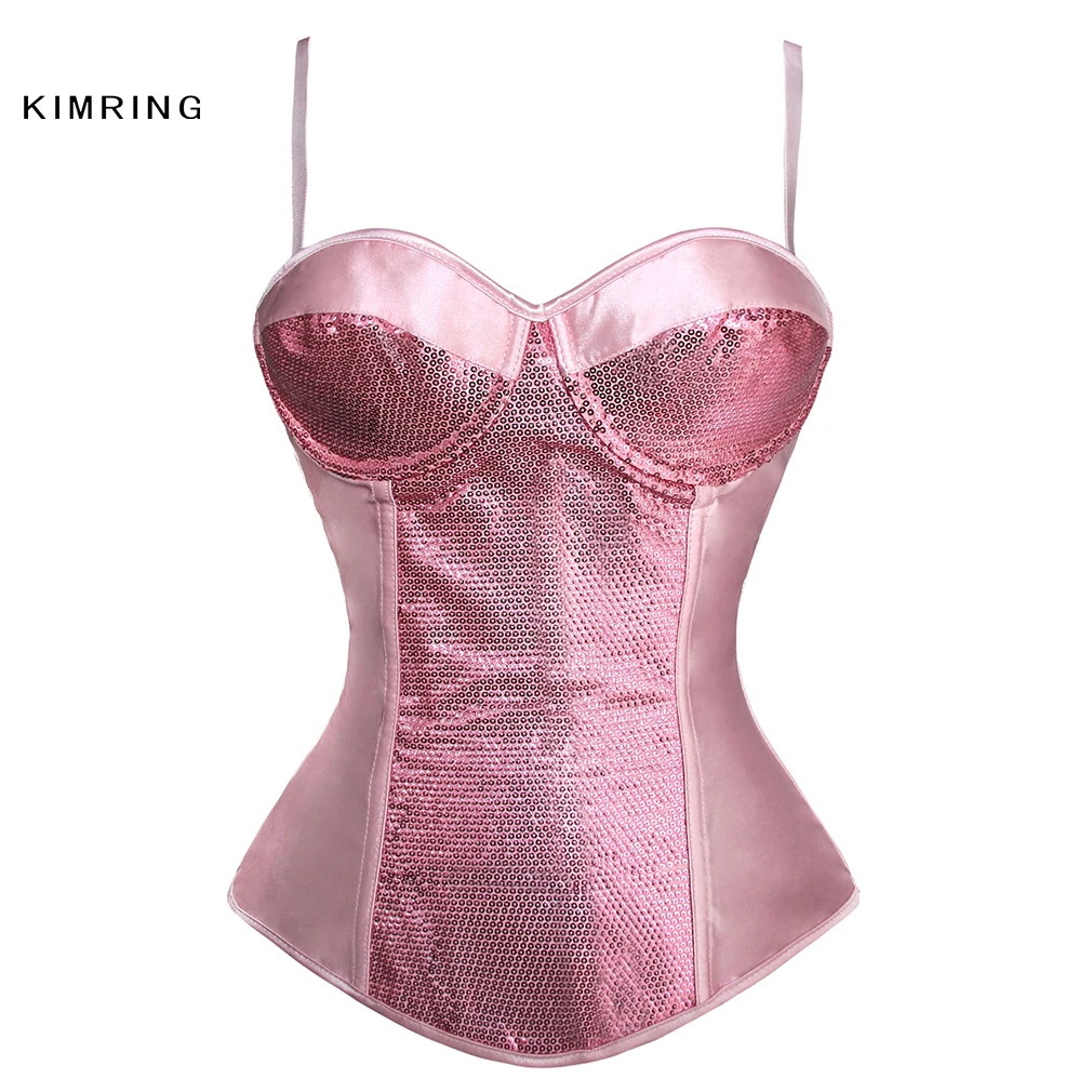 

Kimring Sexy Women's Bunny Corset Overbust Pink Burlesque Sequin Corset Waist Cincher Body Shaper Bustier Corselet