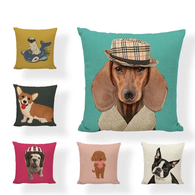 Colorful French Bulldog Cushion Cover Cute Cartoon Dog 45x45Cm Square Corgi Pug in Beer Living Room Decorate Throw Pillow Case | Дом и сад