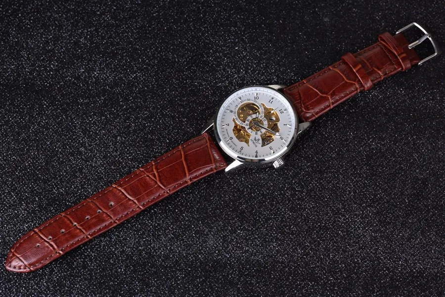 Men Brown Leather Band Mechanical Wristwatch