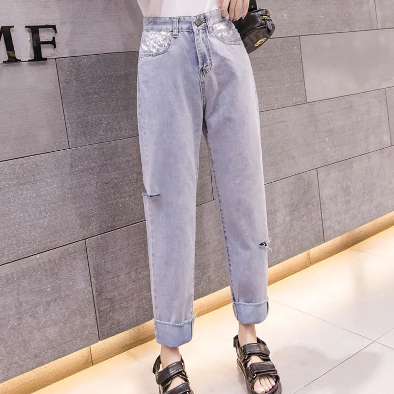 Корейские свободные джинсы, Hong Kong-style, расшитые блестками джинсы с карманами, лето, новинка, Тонкие штаны-шаровары, Джинсы бойфренда для женщин