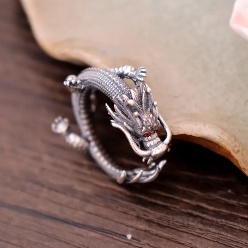 Cool Vintage Black 925 Sterling Silver Chinese Dragon Pinky Ring Jewelry with Cubic Zirconia for Men Women Adjustable Fashion Jewelry
