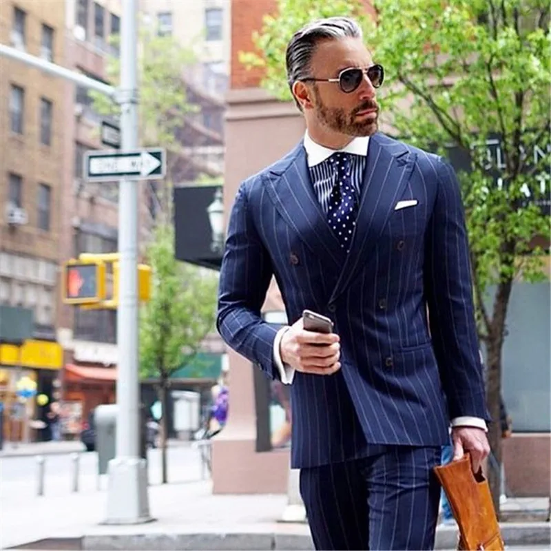 

Navy Blue Double Breasted Wedding Men Suit 2Pieces Terno Bespoke Fashion Slim Notch Lapel Blazer For Man(Jacket+Pant+Tie)