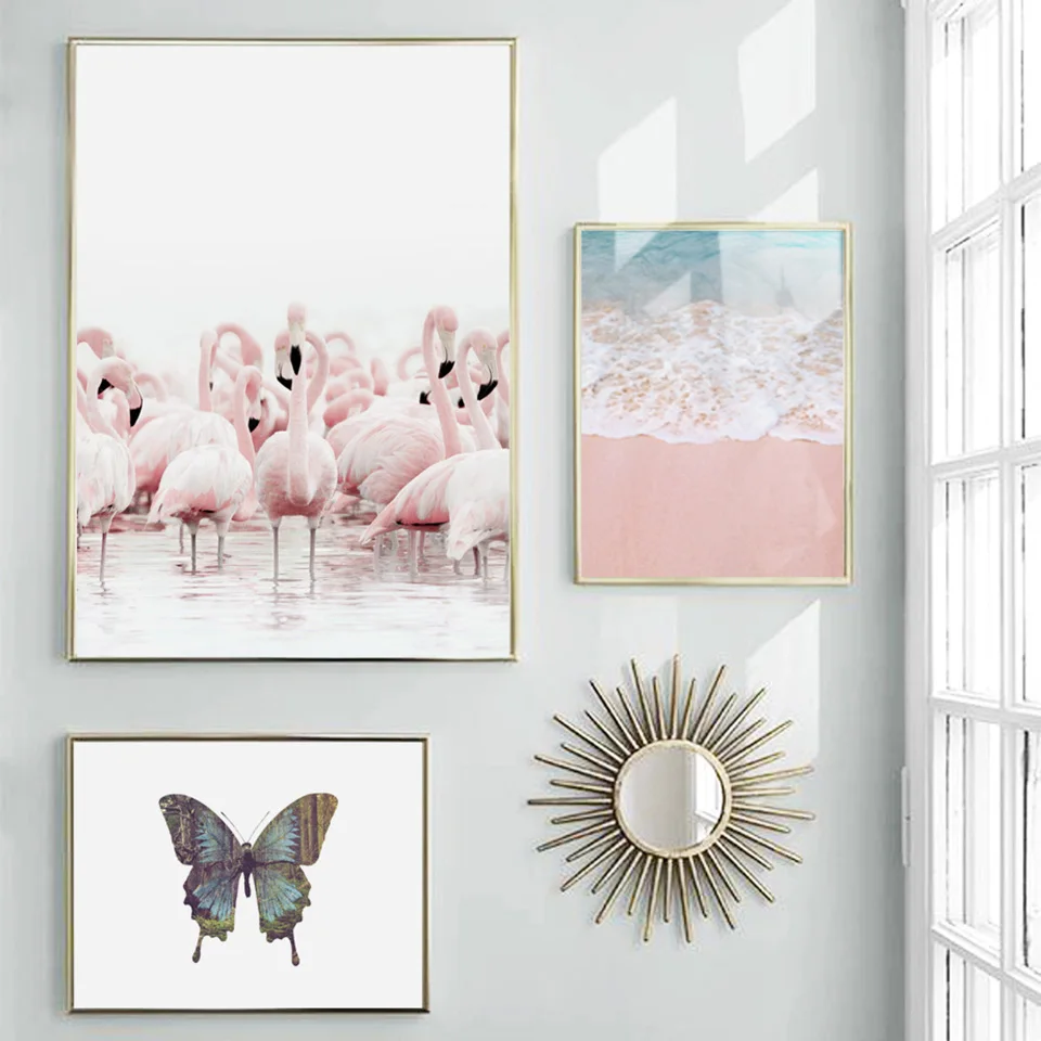 Flamingo-mariposa-flor-playa-paisaje-pared-Lona-de-arte-pintura-n-rdica-carteles-y-huellas-de (1)