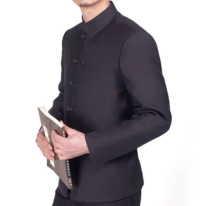 Традиционный китайский пиджак лягушка застежка однобортный мужской черный туника пиджак воротник стойка
