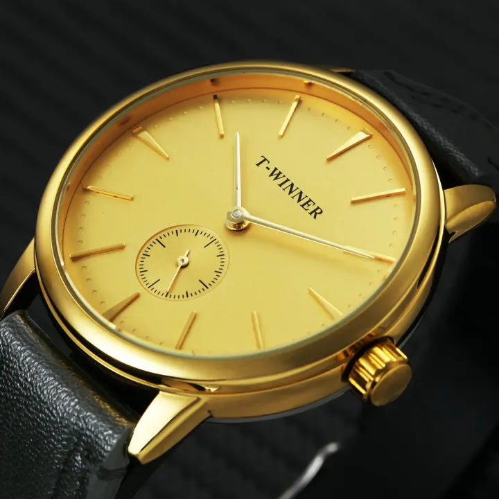 WINNER официальные простые механические часы для мужчин из натуральной кожи ремешок Роза Золотая стрелка модный бренд Роскошные часы для влюбленных подарок - Цвет: GOLD GOLD
