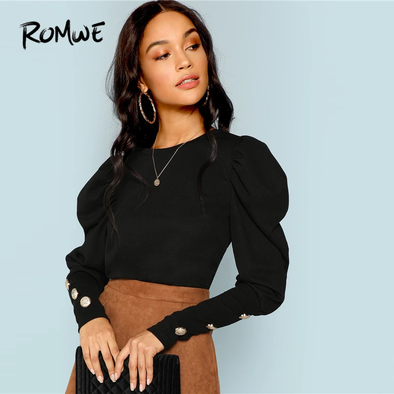 

ROMWE Puff Sleeve With Button Detail Tee 2019 Women Casual Spring Autumn Cool Fashion Long Sleeve Round Neck T Shirt