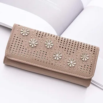 

New Fashion Long Laser Hollow Out Clutch Wallet Women Imitation Diamonds Hasp Design Red PU Leather Female Purse Card B158