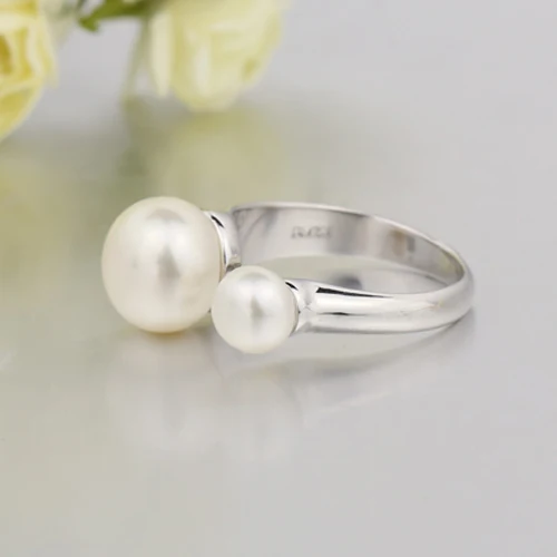 DAIMI Фирменный дизайн кольцо с настоящим жемчугом, кольцо с двумя жемчужинами 6-7мм и 9-10мм, регулируемй размер от 7 до 8.5 незамкнутое кольцо - Цвет камня: White