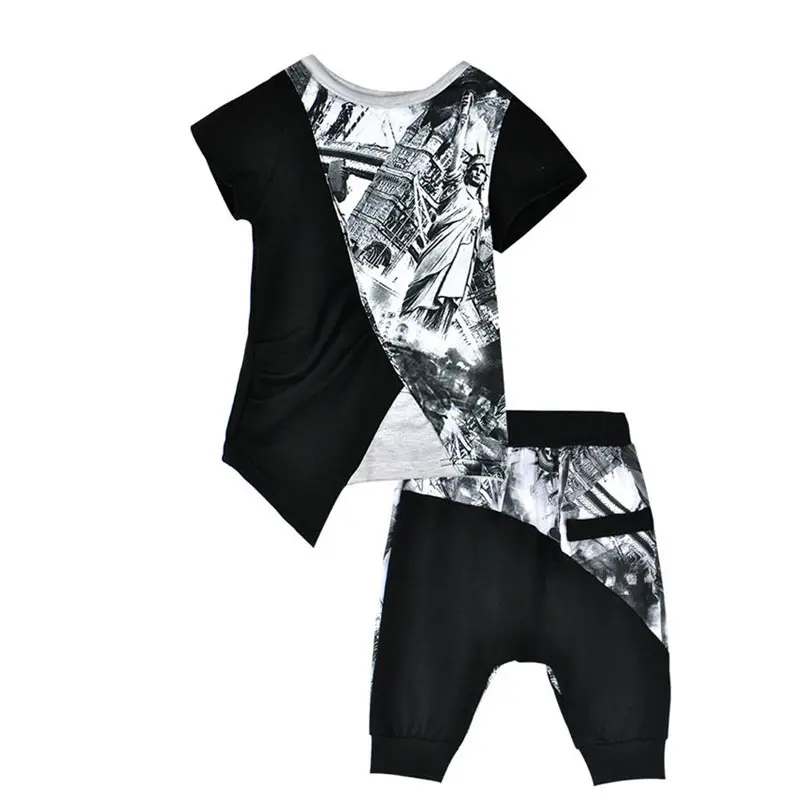 

2017 Europe & United States the new summer children's fashion boy cartoon goddess print set, irregular T-shirt + harem pants