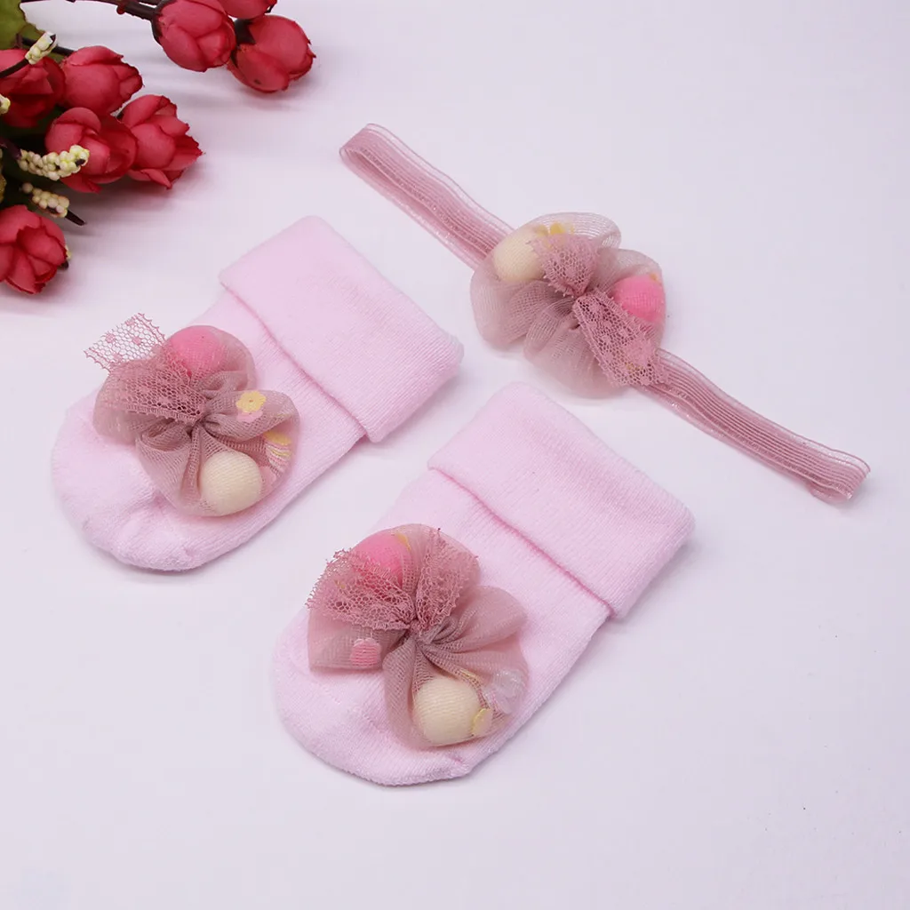 Новые милые мягкие носки для новорожденных девочек с рисунком+ пояс для волос, новые детские Нескользящие носки с аппликацией для Новорожденные малыши и девочек
