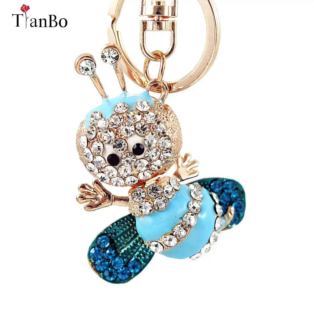 

TinBo Blue Enamel Cute 3D Bee Rhinestone Crystal Keyrings cover Key Chains Holder For Car Purse Bag Pendant Buckle Best Gift