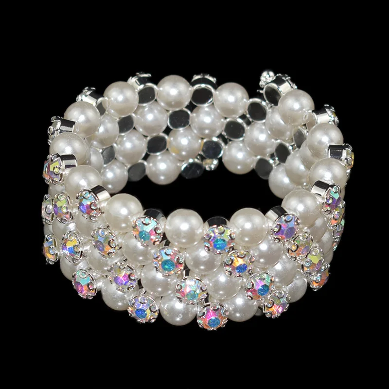 Fashion Crystal Pearl Bracelets Bangles for Women Gold Silver Plated Stretching Bracelets Pulseras Mujer Wedding Jewelry Gift 2