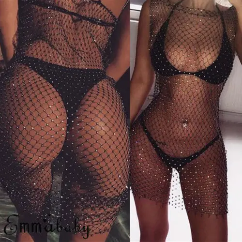 

UK Womens Crochet Beach Cover Up Fishnet Sarong Wrap Bikini Sexy Crystal Dress