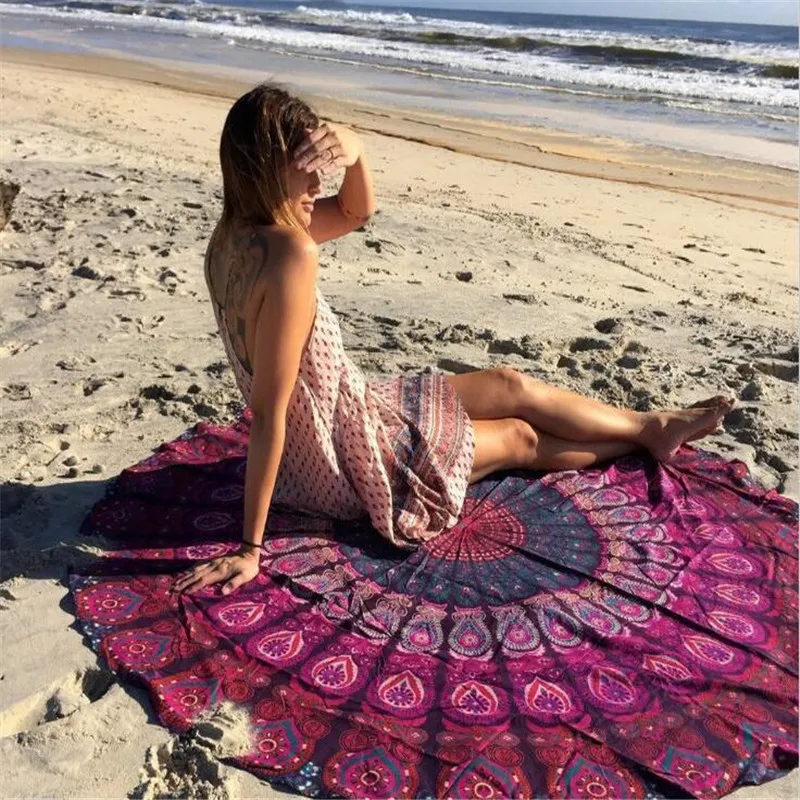 Chiffon Polyester 150cm Round Beach Towel Vacation Seaside Shawl Bath Towel Large Peacock tail printing Swimming Towel For Beach 4