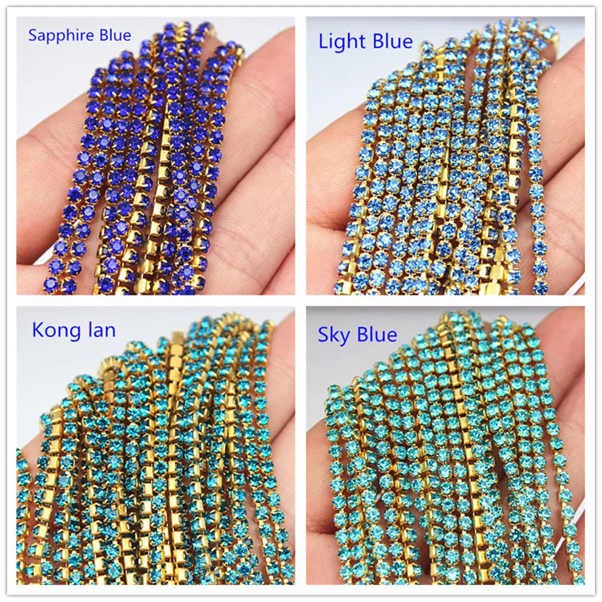 2mm 2.5mm 2.8mm 3mm 2Yard Colorful Sew on Crystal Rhinestone Cup Chain Gold Based Claw for Party Dinner Dress Accessories 8Y1200