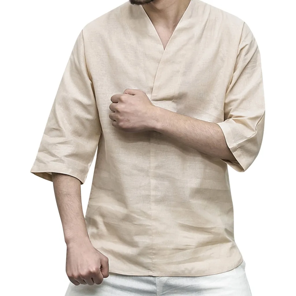 

Men Linen Patchwork Seven-Minute Sleeve Solid Color Loose V neck Casual Blouse Wild Shirt
