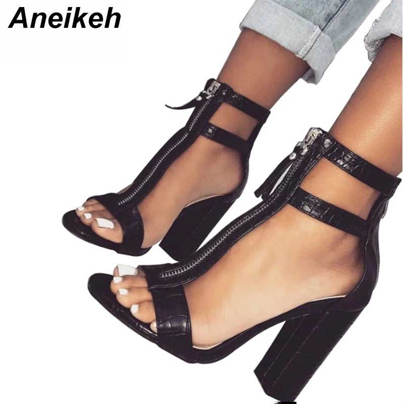 

Aneikeh Women Sandals High Heels Sexy Black Shoes Open Toe Fashion Square Heel Pumps Summer Rome Style Zipper Shoe Zapatos Mujer