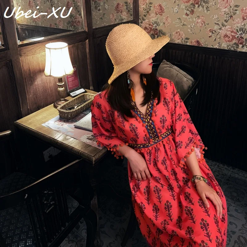 

Ubei 2019 New Thailand India style resort dress V-neck fluff embroidery high waist print chiffon dress women bohemian maxi dress