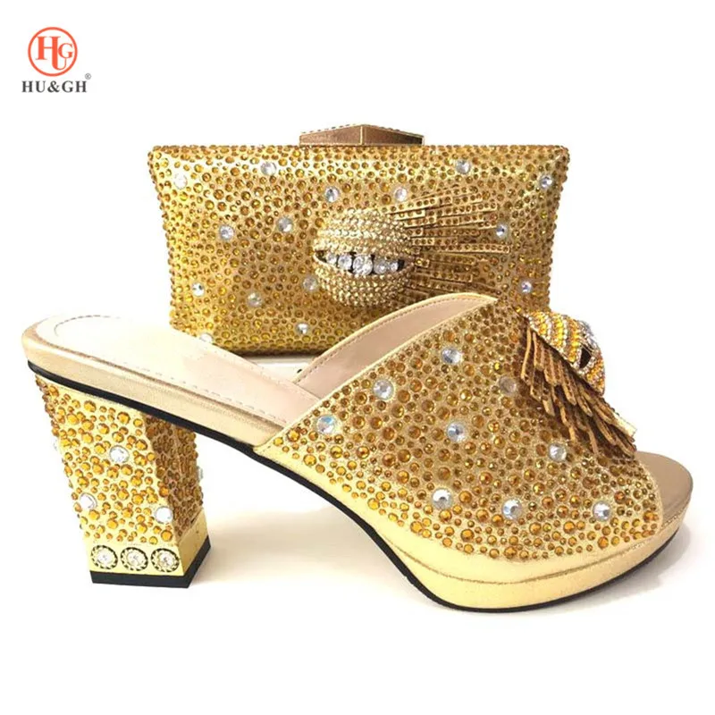 

Gold Color matching Italian designer shoe and bag for Party sales in women matching shoes and bag set African shoe and bag sets
