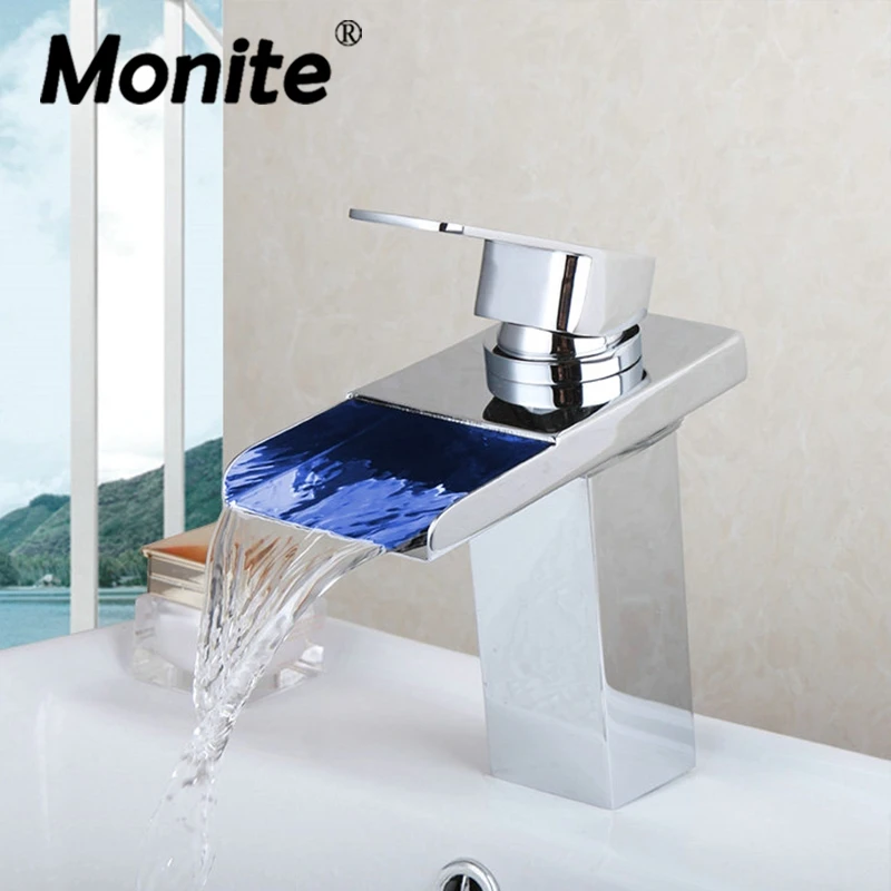 LED Waterfall Water Powered Chrome Finish Bathroom Mixer Tap Faucet Solid Brass Basin Sink Mixer Tap Faucet