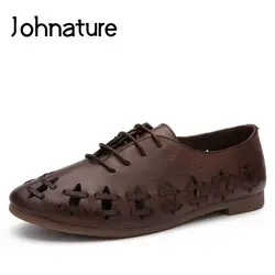 Johnature/Новинка 2019 г. весенне-летние женские туфли на плоской подошве из натуральной кожи в стиле ретро, с круглым носком, на шнуровке, с мелкой