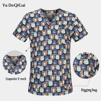 

Hospital Nurse Scrub shirt For Women and men Scrub Top Breathable V-Neck Cartoon Print Surgical Medical Uniform surgery tops cap