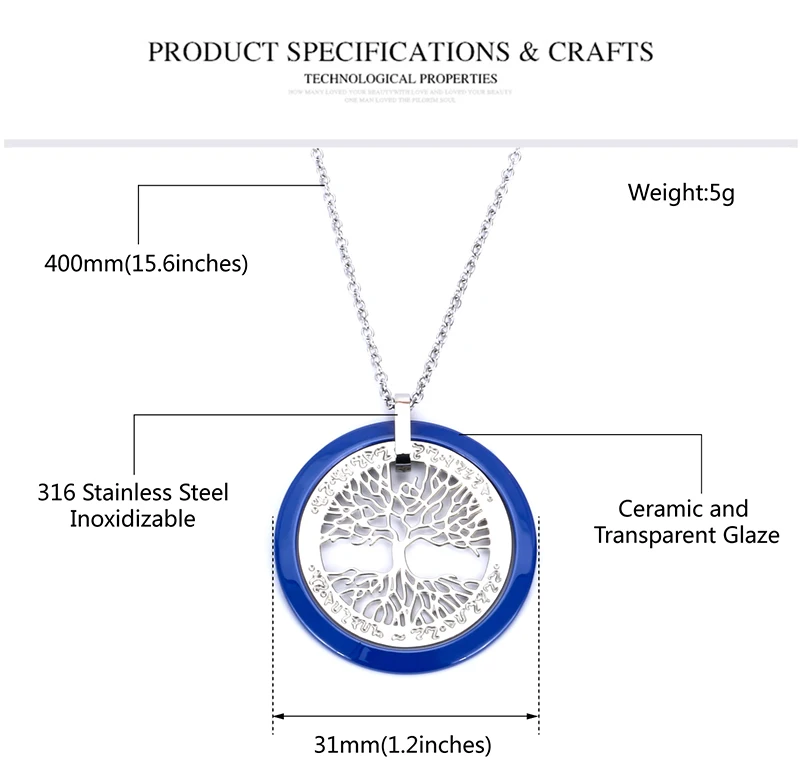 Новая мода синий керамический ювелирный набор простые винтажные вечерние из нержавеющей стали пустое Дерево жизни керамическое ожерелье и кольцо для женщин
