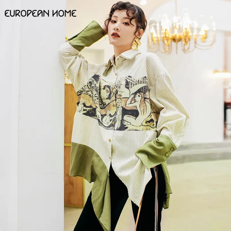 

2019 New Spring Plus size Women Shirts Stripe Print Long Sleeve Loose Vintage Irregular Autumn Blouses womens tops and blouses