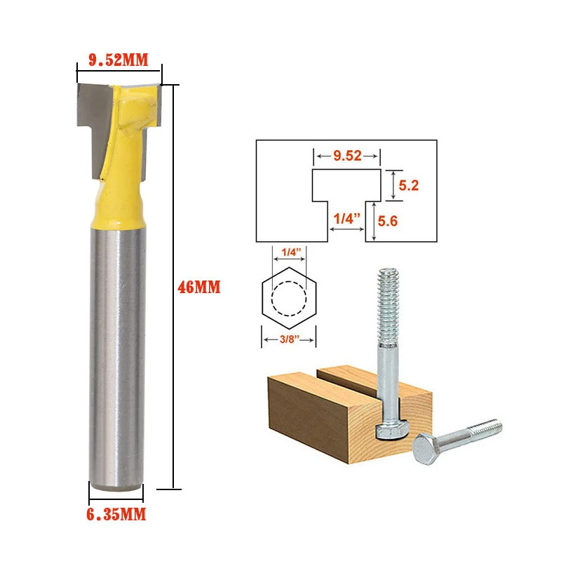 1 шт. 3/8 1/" T-Slot фрезы в 1/4 1/2 дюйма сверло из твердого сплава стали T трек щелевые фрезы сверла для шестигранного болта - Цвет: 6.35x9.52mm yellow