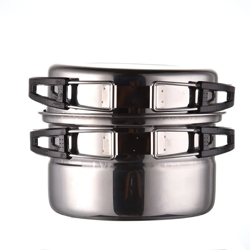 3 unids Sartenes Olla de Acero Inoxidable Mango Plegable de Picnic Al Aire Libre Vajilla Utensilios de Cocina Portátil Para Acampar Al Aire Libre con Soporte De Vapor