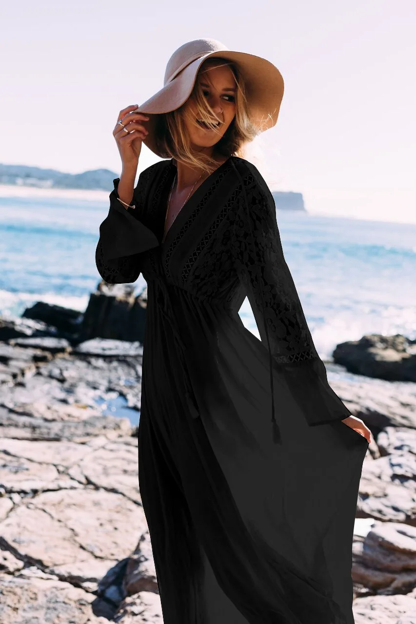 2018 Макси женское платье летние пляжные пикантные Длинные Кружева Boho черные