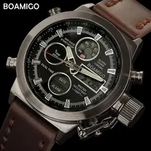 BOAMIGO men sports watches brown leather band man military quartz LED digital analog casual wristwatches waterproof
