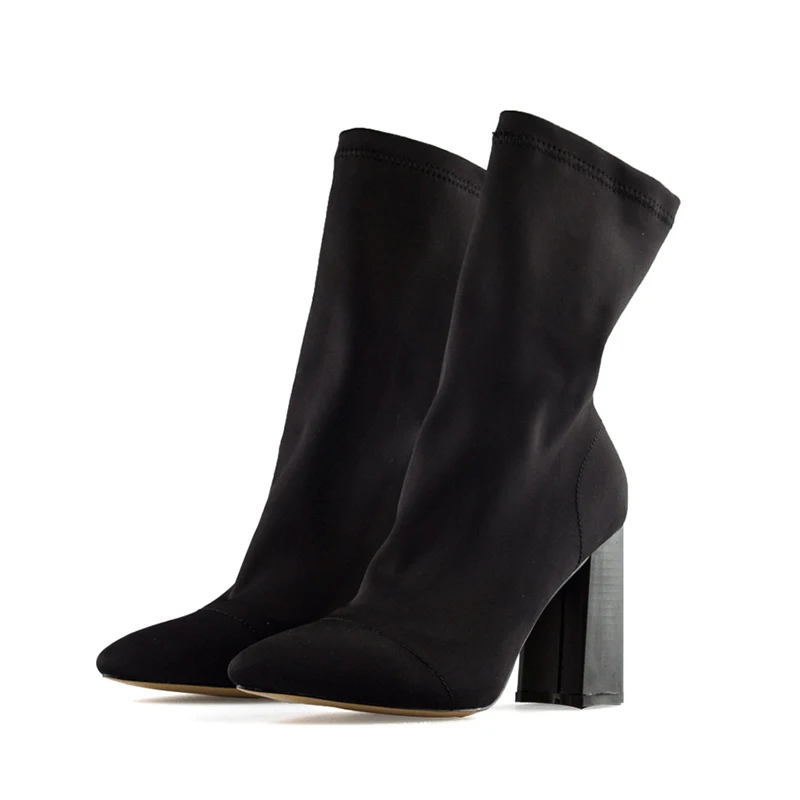 Aneikeh/женские ботинки; эластичные ботильоны с острым носком; обувь на высоком толстом каблуке; женские ботинки-носки; коллекция года; сезон весна - Цвет: Black